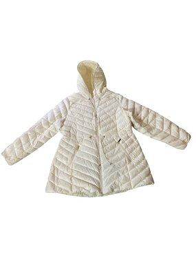 Gallery Womens White Quilted Down Coat Hood Adjustable Waist Zip Pockets X
